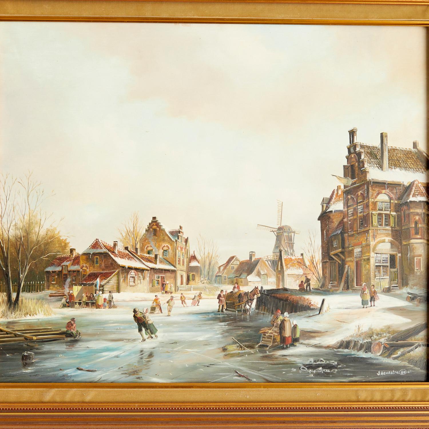 John Haanstra (Dutch, b. 1940), signed and dated 1985 on lower right. A charming oil painting, showing a winter landscape. Skaters are enjoying seasonal fun on a frozen canal while others go about their daily activities. A typical Dutch windmill can
