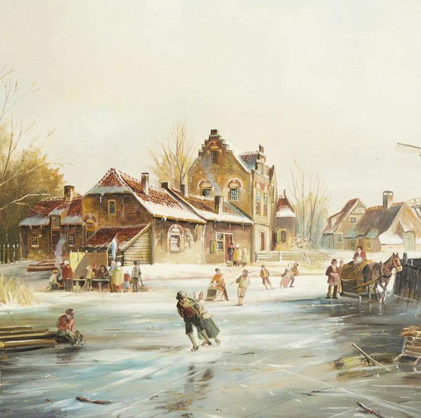 Modern Large Framed 20th Century Dutch School Winter Scene, John Haanstra, Oil on Board For Sale