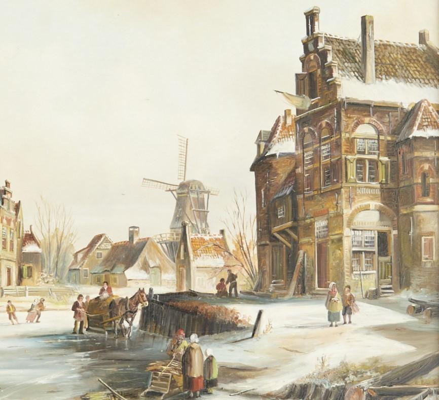 Néerlandais Grand cadre du 20e siècle Scène d'hiver d'une école néerlandaise, John Haanstra, huile sur panneau en vente