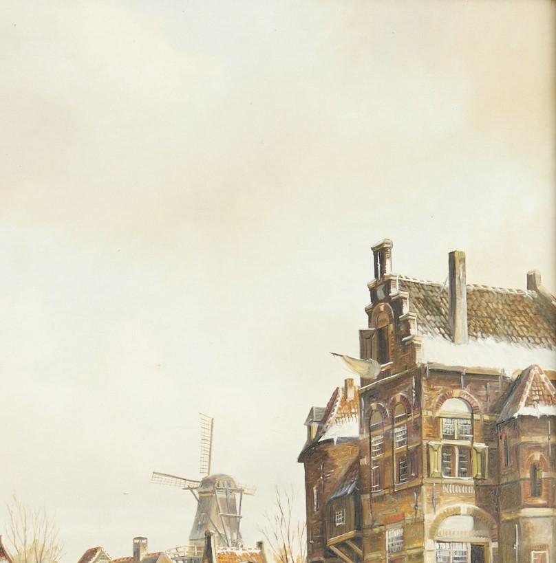 Doré Grand cadre du 20e siècle Scène d'hiver d'une école néerlandaise, John Haanstra, huile sur panneau en vente