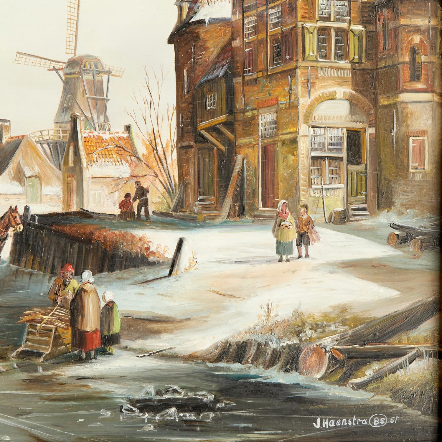 Grand cadre du 20e siècle Scène d'hiver d'une école néerlandaise, John Haanstra, huile sur panneau Bon état - En vente à Morristown, NJ