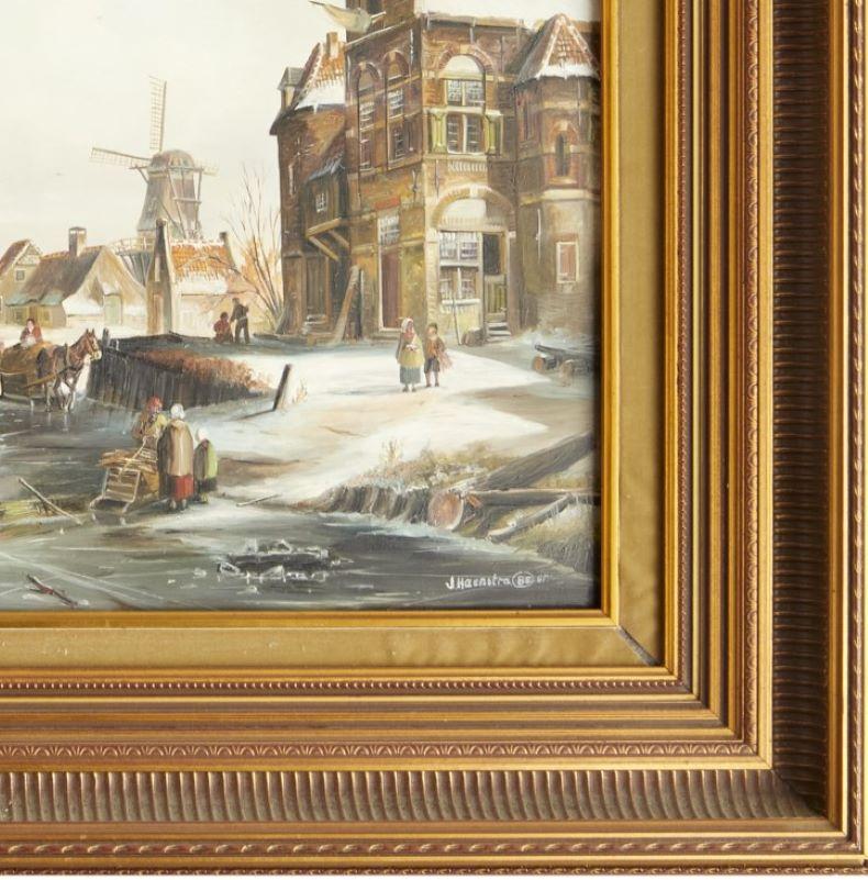 Grand cadre du 20e siècle Scène d'hiver d'une école néerlandaise, John Haanstra, huile sur panneau en vente 1