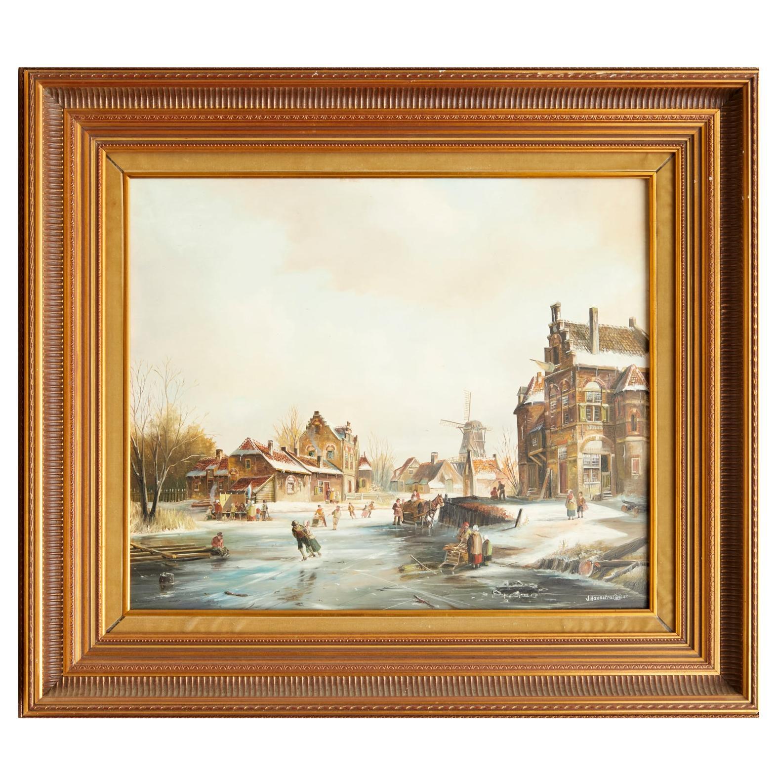 Large Framed 20th Century Dutch School Winter Scene, John Haanstra, Oil on Board For Sale