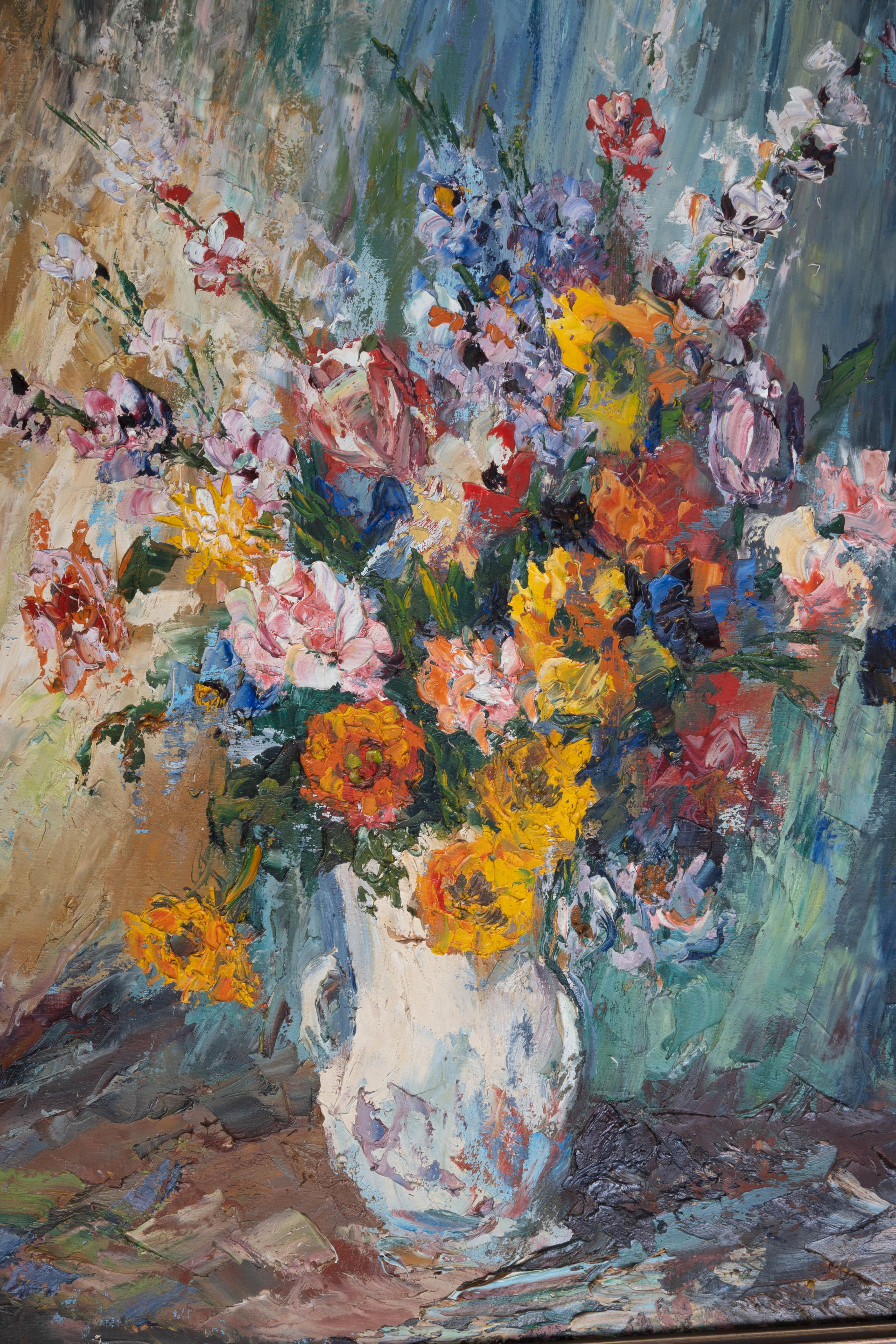 Large Framed 20th Century Oil On Canvas Still life with flowers (Französisch) im Angebot