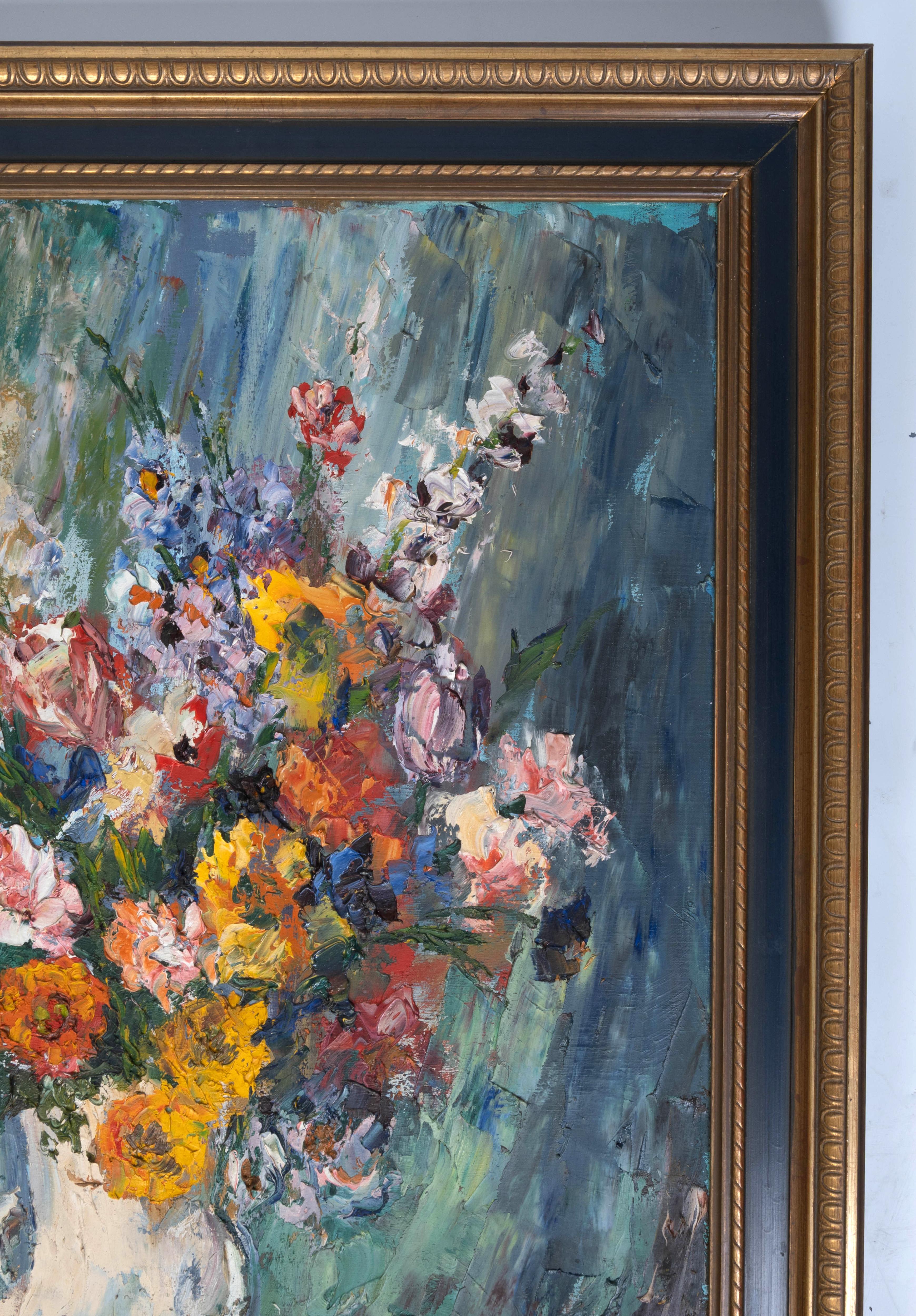 Large Framed 20th Century Oil On Canvas Still life with flowers im Angebot 1