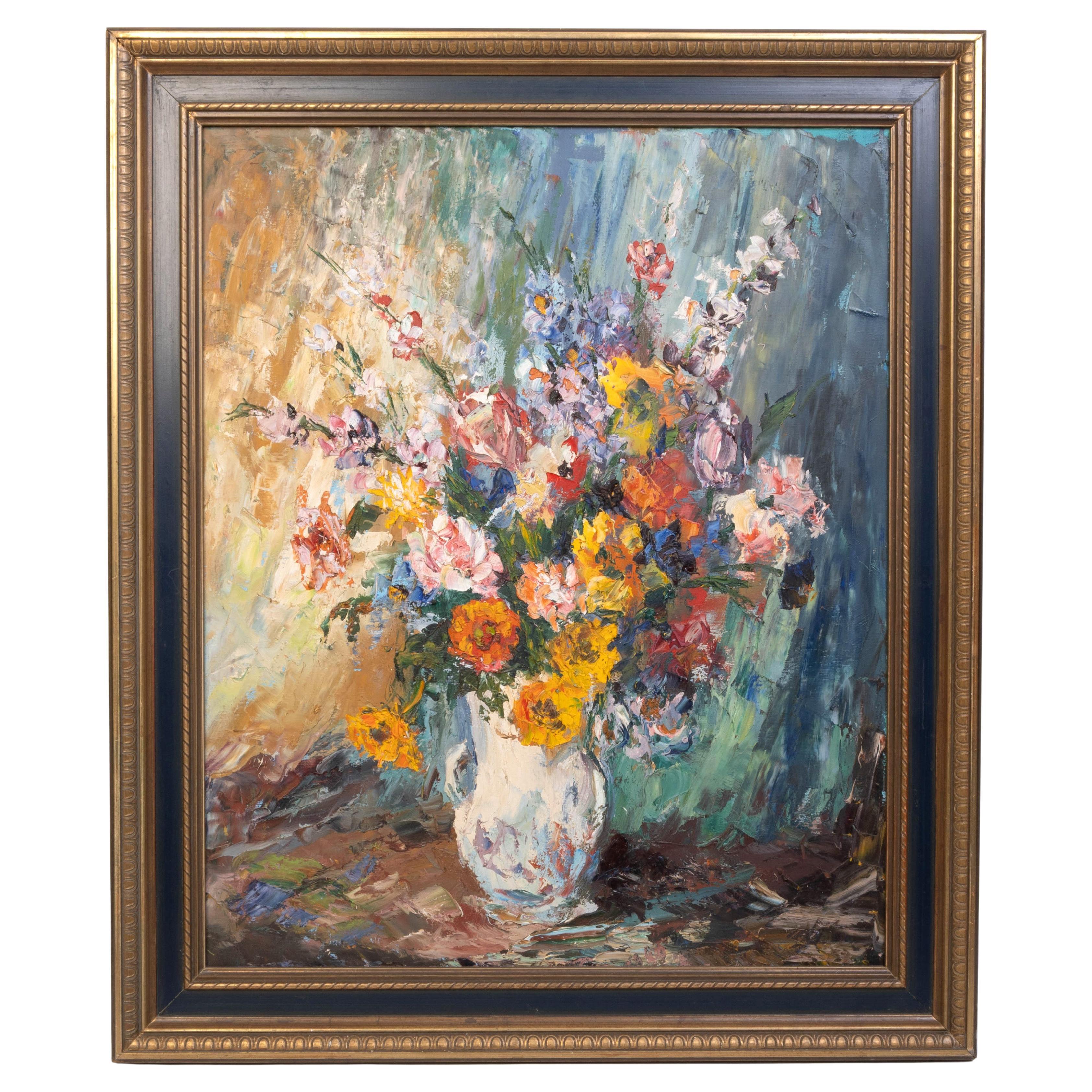 Large Framed 20th Century Oil On Canvas Still life with flowers im Angebot