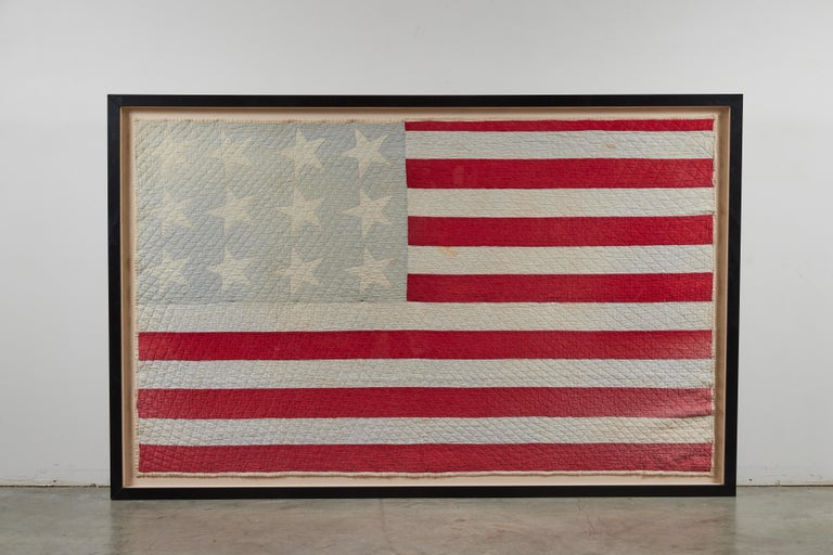 Hand-Crafted Large Framed American Flag Folk Art Quilt For Sale