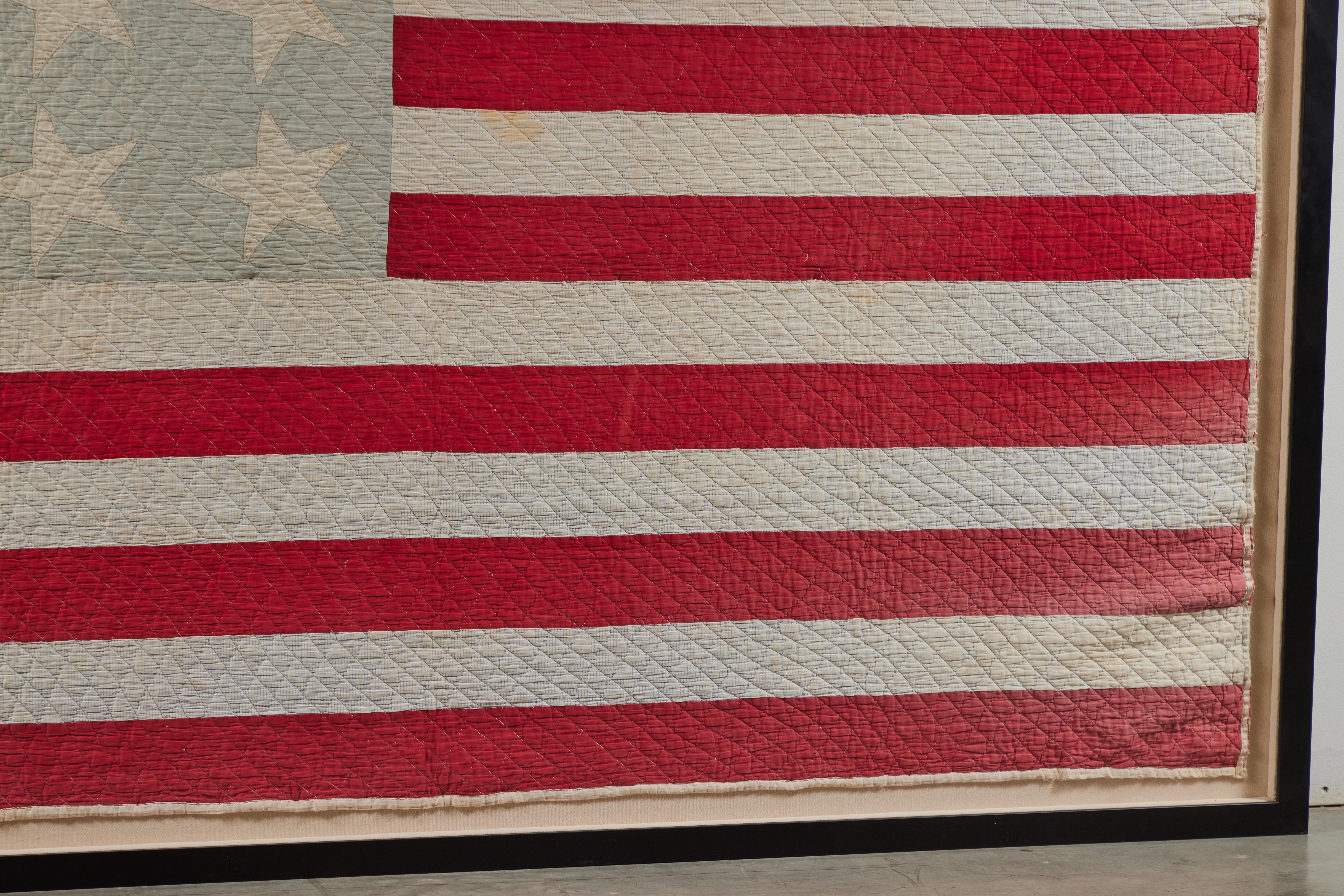 North American Large Framed American Flag Folk Art Quilt For Sale