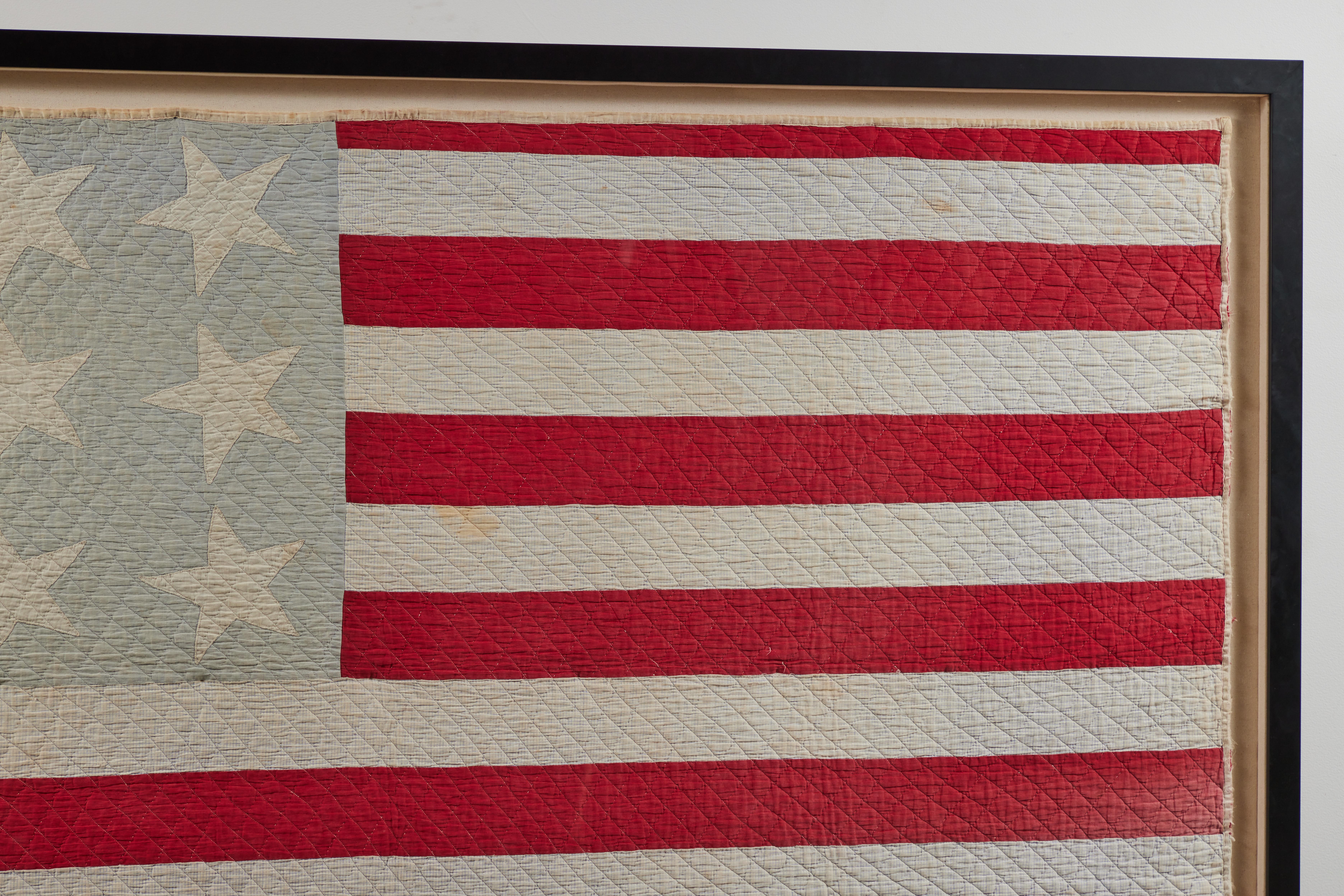 Hand-Crafted Large Framed American Flag Folk Art Quilt For Sale