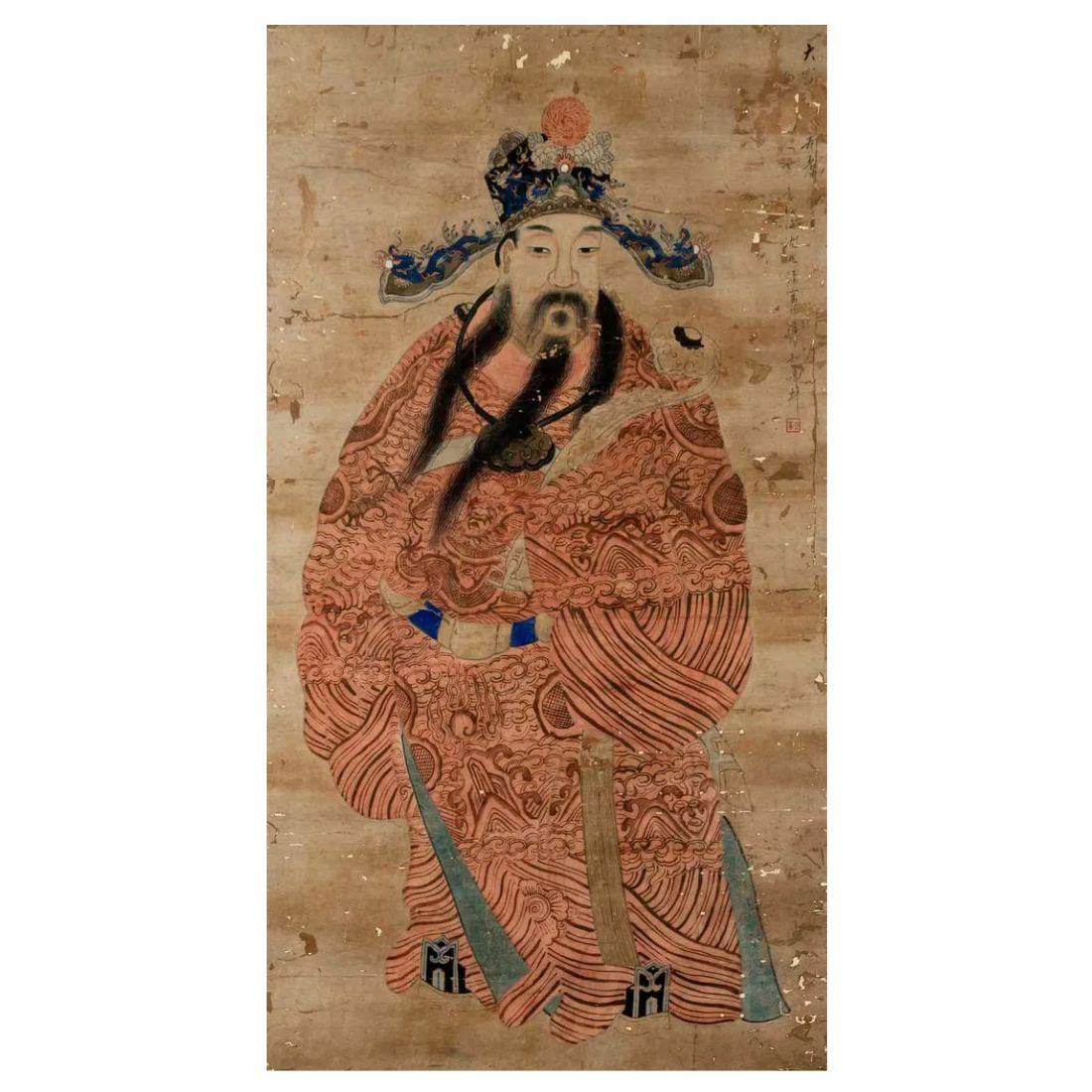 This striking painting, rendered in traditional ink and watercolor, showcases a regal depiction of the Fu King, a legendary figure symbolizing good fortune and prosperity. The artwork captures the refined elegance and spiritual depth characteristic