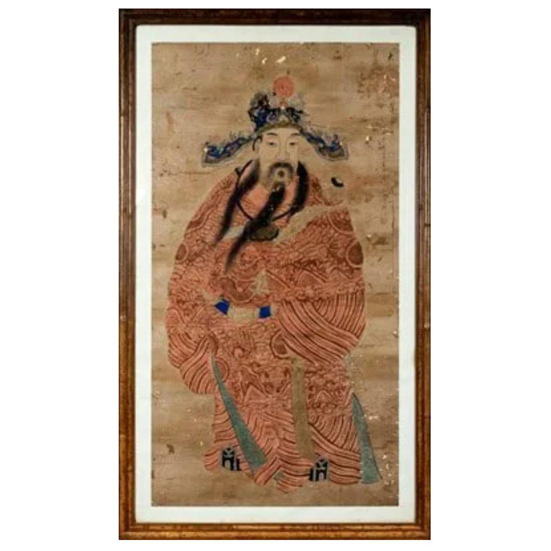 19th Century Large Framed and Matted Chinese Fu King Painting For Sale