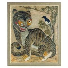 Cuadro antiguo coreano Jakhodo Minhwa de arte popular, grande y enmarcado