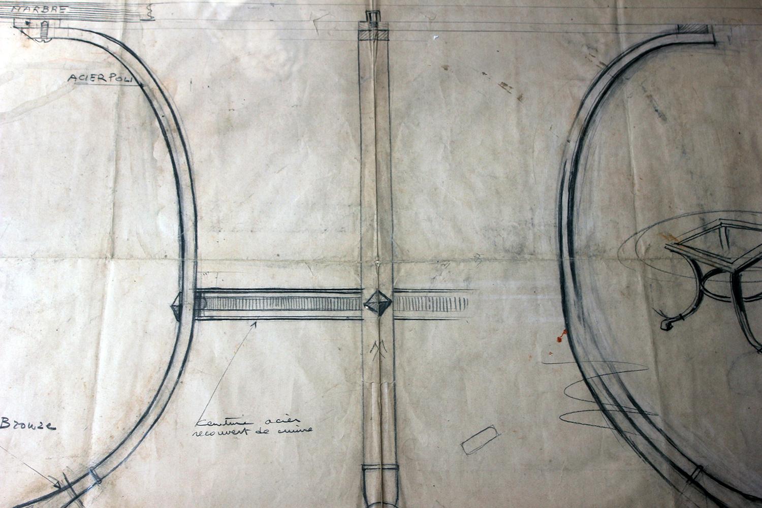 Mid-Century Modern Large Framed Archival Design for a Table; Maison Paul Fargette & Maison Charles