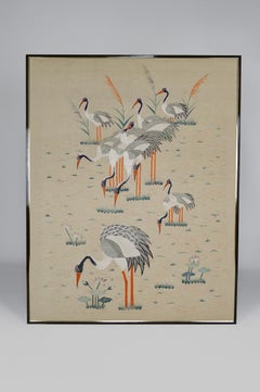 Large Framed Asian Silk Embroidery Tapestry, "Cranes", Art Deco Era, circa 1930