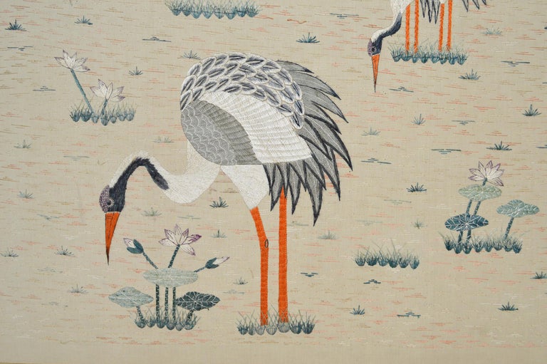 Large Framed Asian Silk Embroidery Tapestry, "Cranes", Art Deco Era