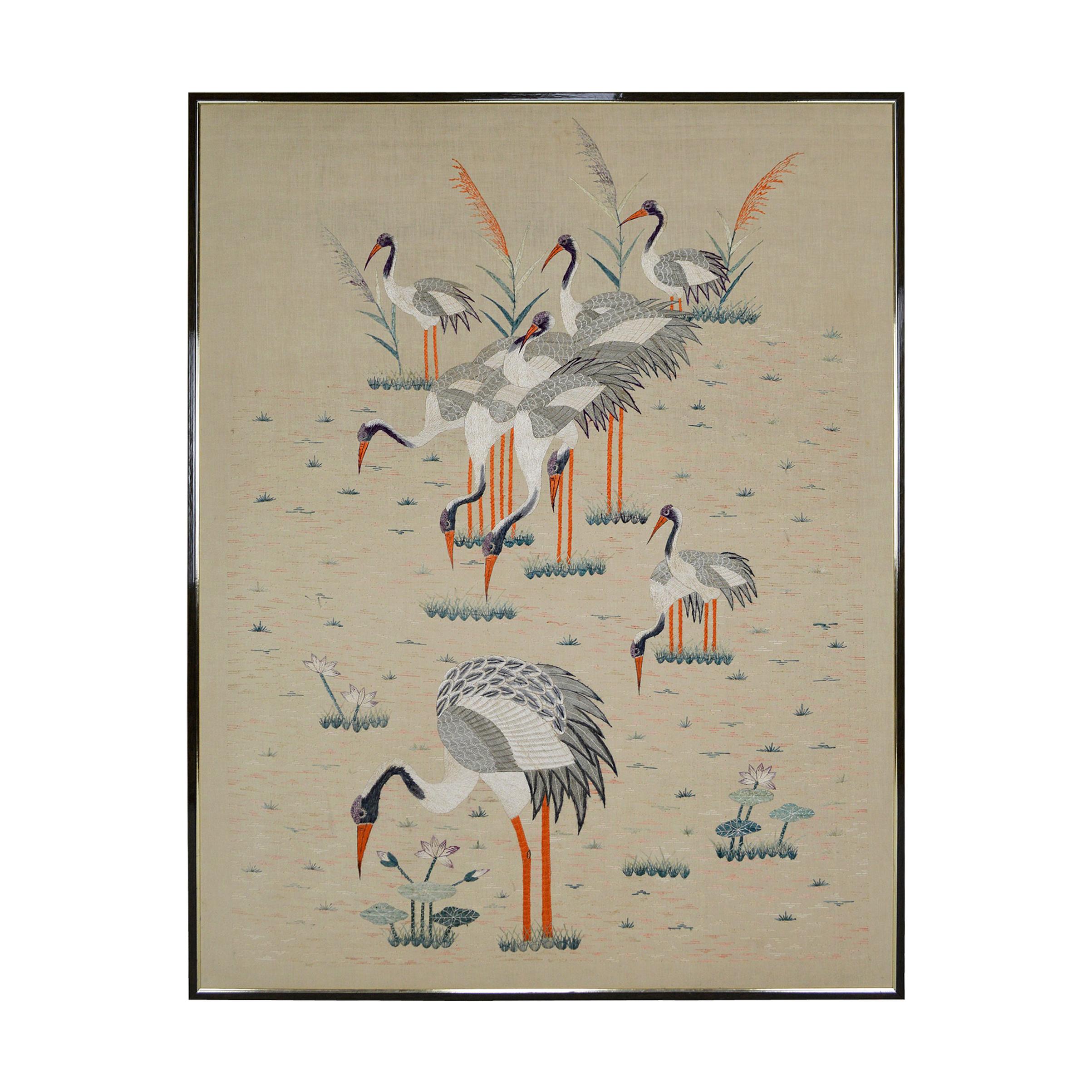 Large Framed Asian Silk Embroidery Tapestry, "Cranes", Art Deco Era, circa 1930 For Sale