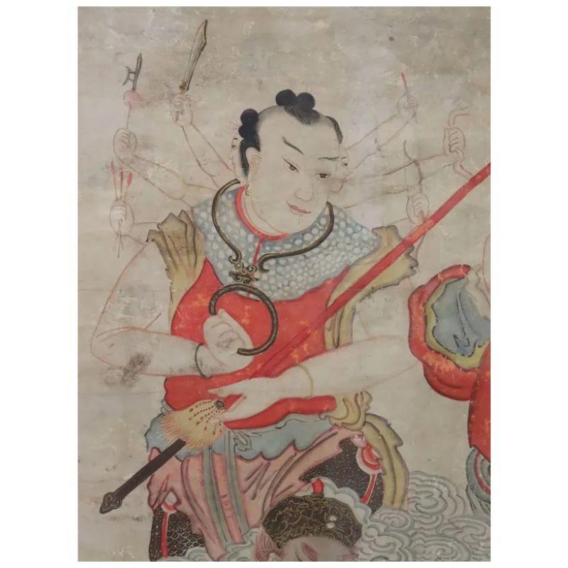 XVIIIe siècle Grande aquarelle chinoise encadrée sur papier de riz, quatre défenseurs de Bouddha en vente