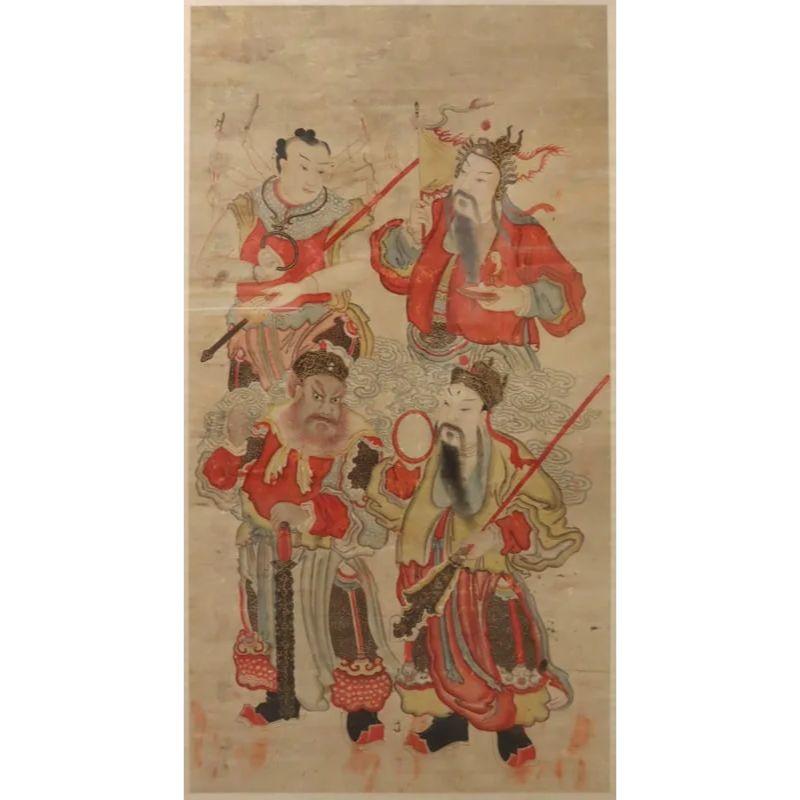 Peinture Grande aquarelle chinoise encadrée sur papier de riz, quatre défenseurs de Bouddha en vente