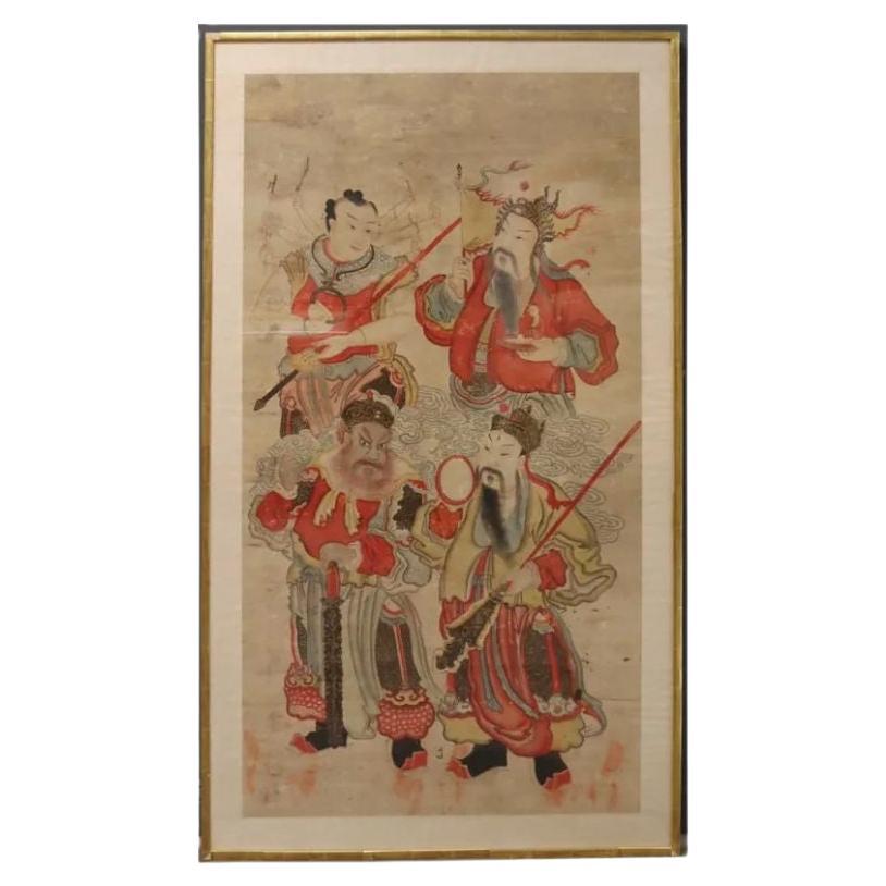Grande aquarelle chinoise encadrée sur papier de riz, quatre défenseurs de Bouddha en vente