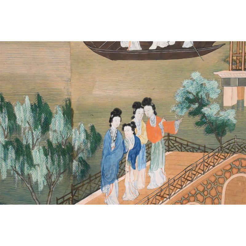 A vintage large framed Chinese watercolor panel that invites viewers into a tranquil realm of timeless beauty and cultural richness. This exquisite artwork unfolds a picturesque scene of delicate figures and elegant buildings, seamlessly woven