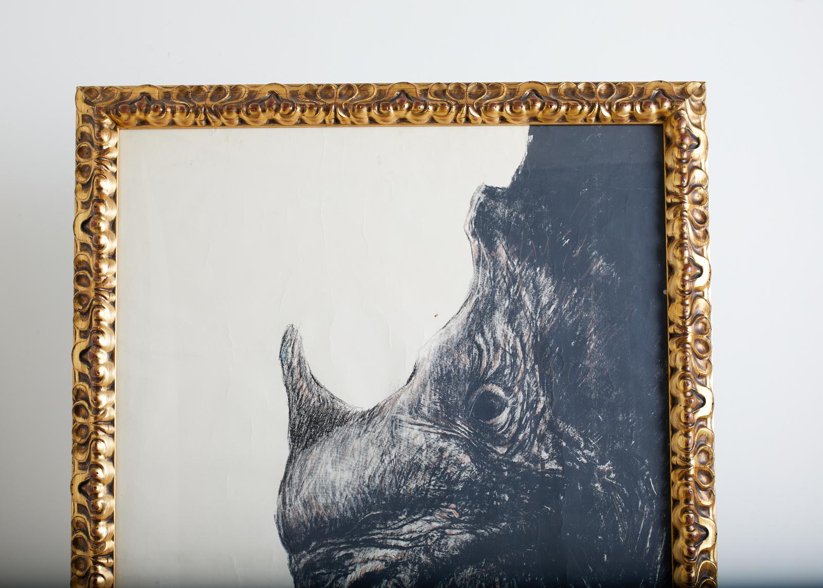 Large Framed Drawing of a Baby Rhino Head For Sale 4
