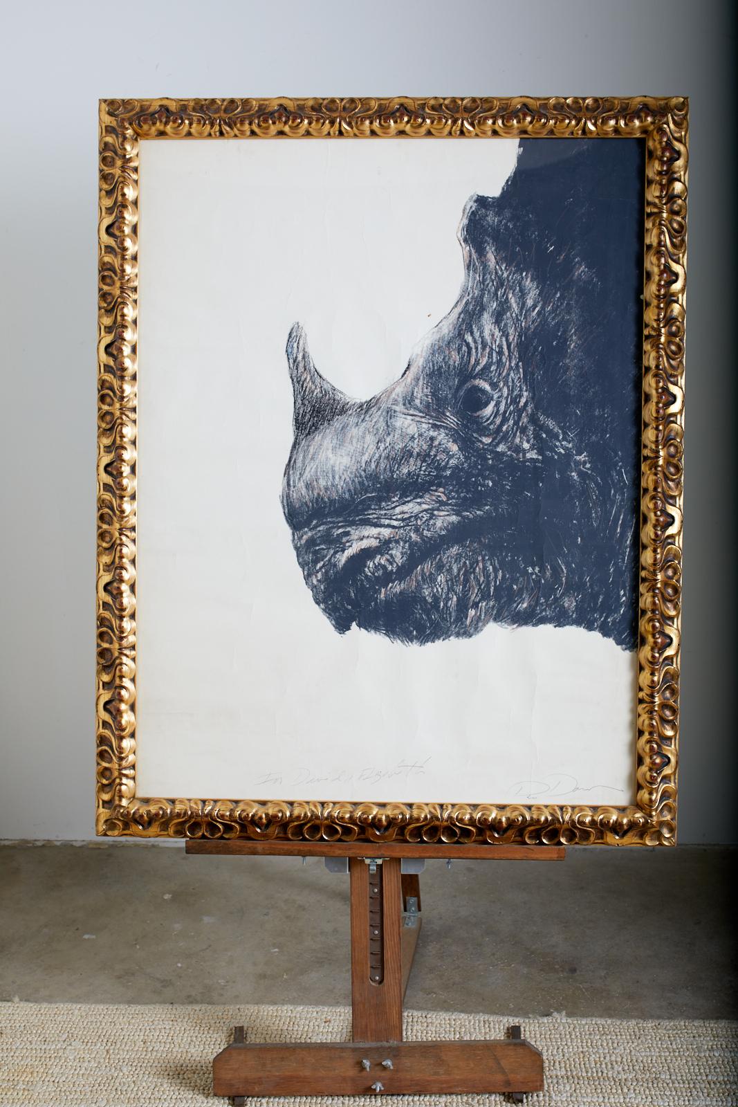 Modern Large Framed Drawing of a Baby Rhino Head For Sale