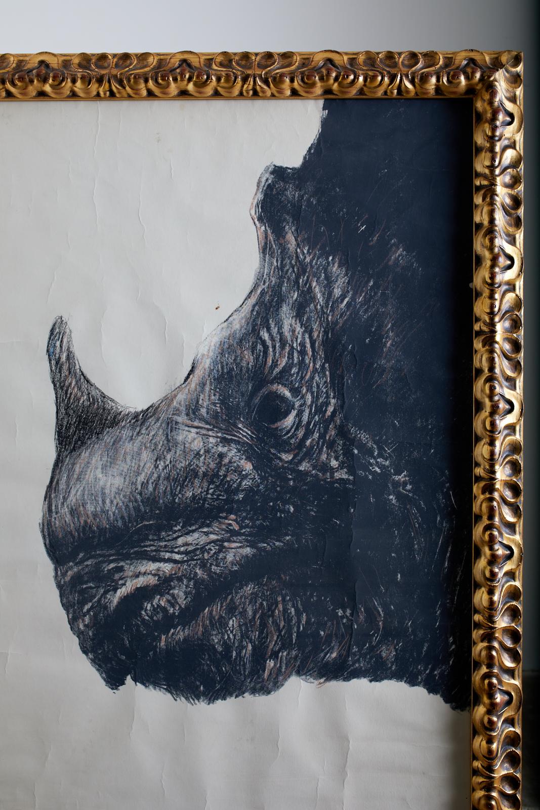 Hand-Crafted Large Framed Drawing of a Baby Rhino Head For Sale