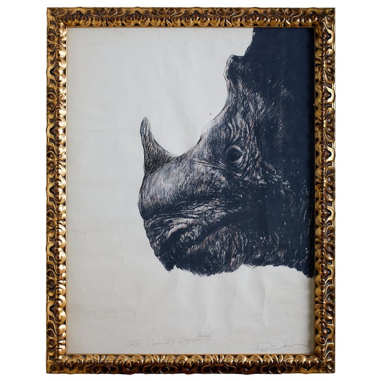 Large Framed Drawing of a Baby Rhino Head For Sale