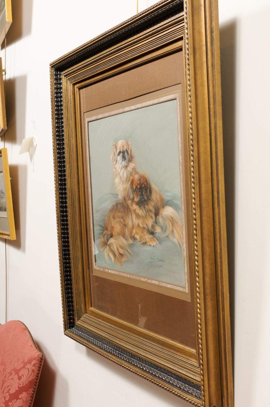  Large Framed English Pastel of 2 Pekingese Dogs, signed “Persis Kirmse”, 1938 For Sale 6