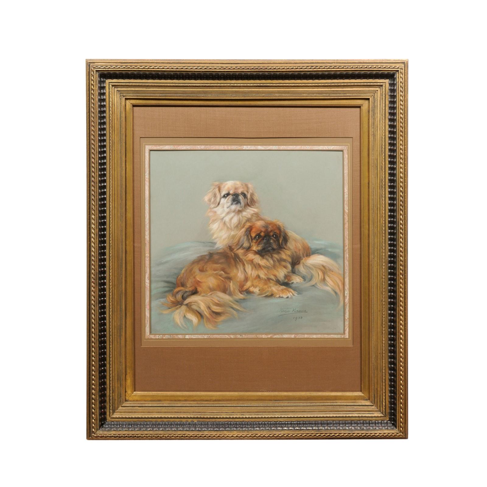  Large Framed English Pastel of 2 Pekingese Dogs, signed “Persis Kirmse”, 1938 In Good Condition For Sale In Atlanta, GA