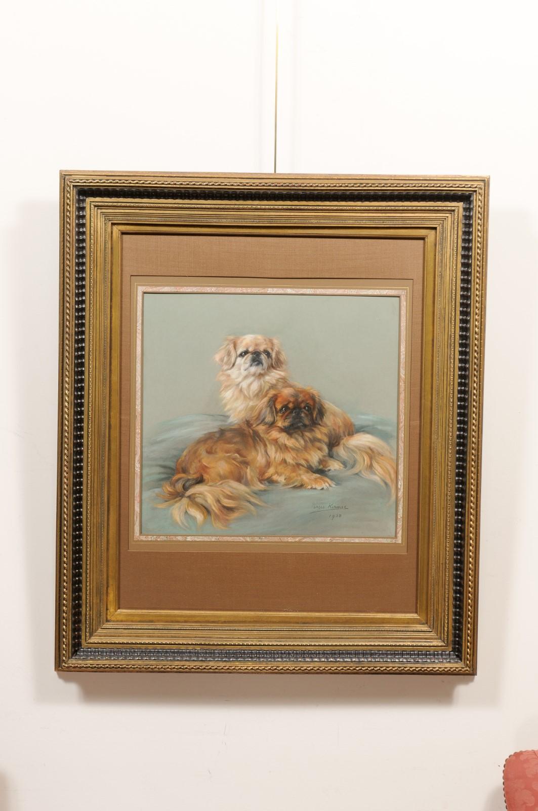 20th Century  Large Framed English Pastel of 2 Pekingese Dogs, signed “Persis Kirmse”, 1938 For Sale