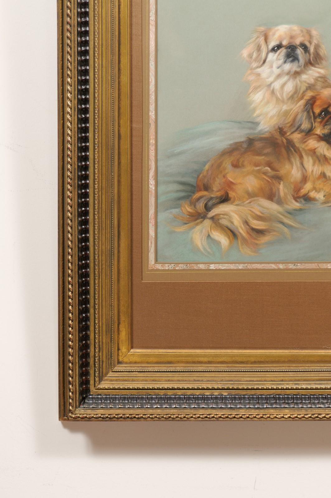  Large Framed English Pastel of 2 Pekingese Dogs, signed “Persis Kirmse”, 1938 For Sale 1