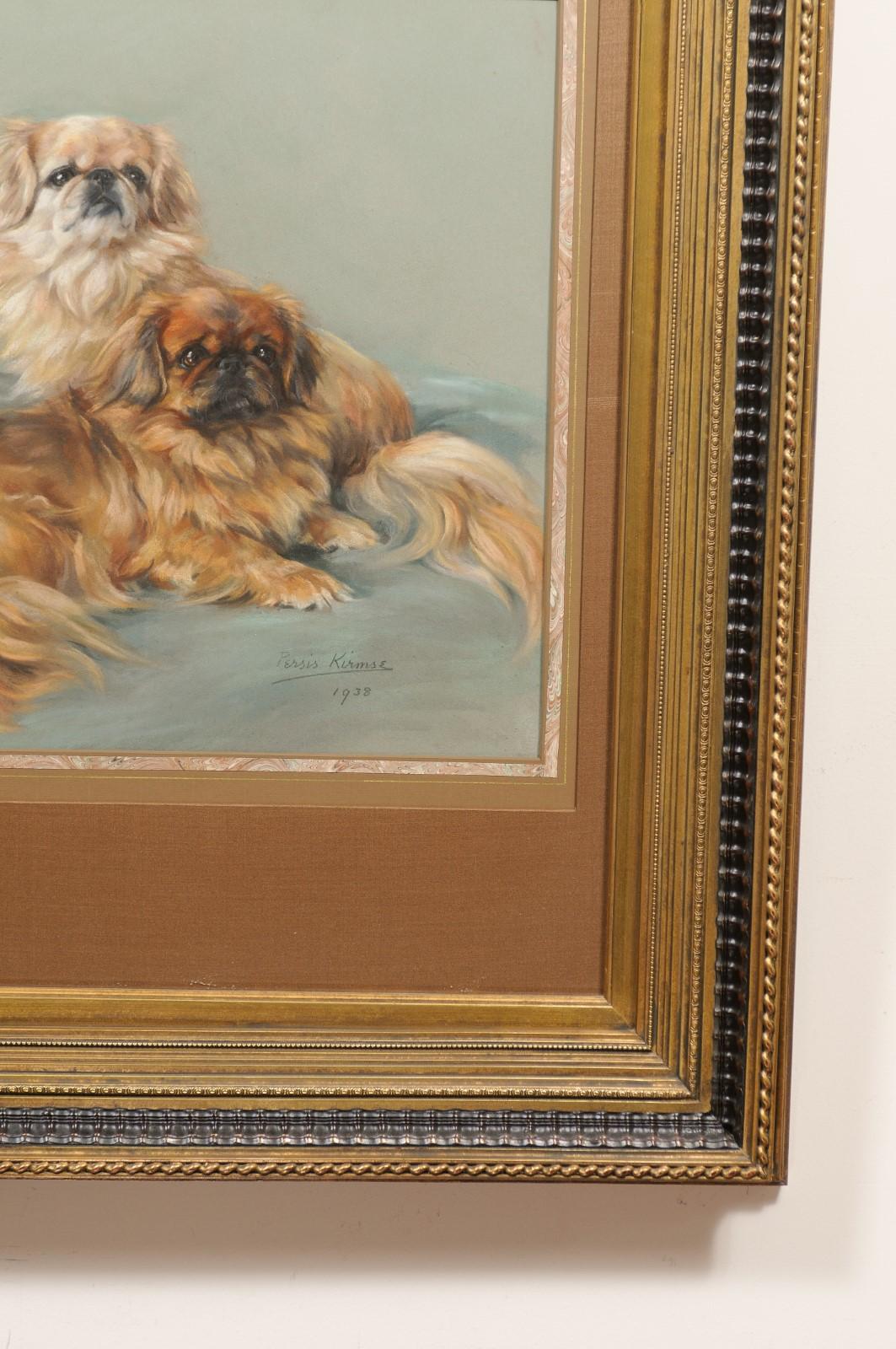  Large Framed English Pastel of 2 Pekingese Dogs, signed “Persis Kirmse”, 1938 For Sale 2