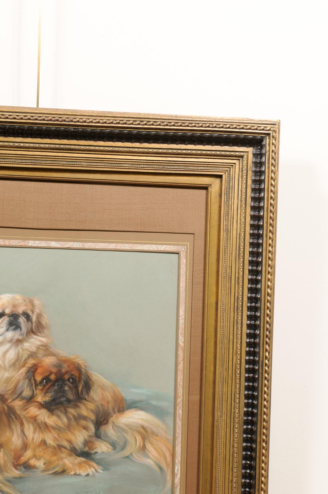  Large Framed English Pastel of 2 Pekingese Dogs, signed “Persis Kirmse”, 1938 For Sale 3
