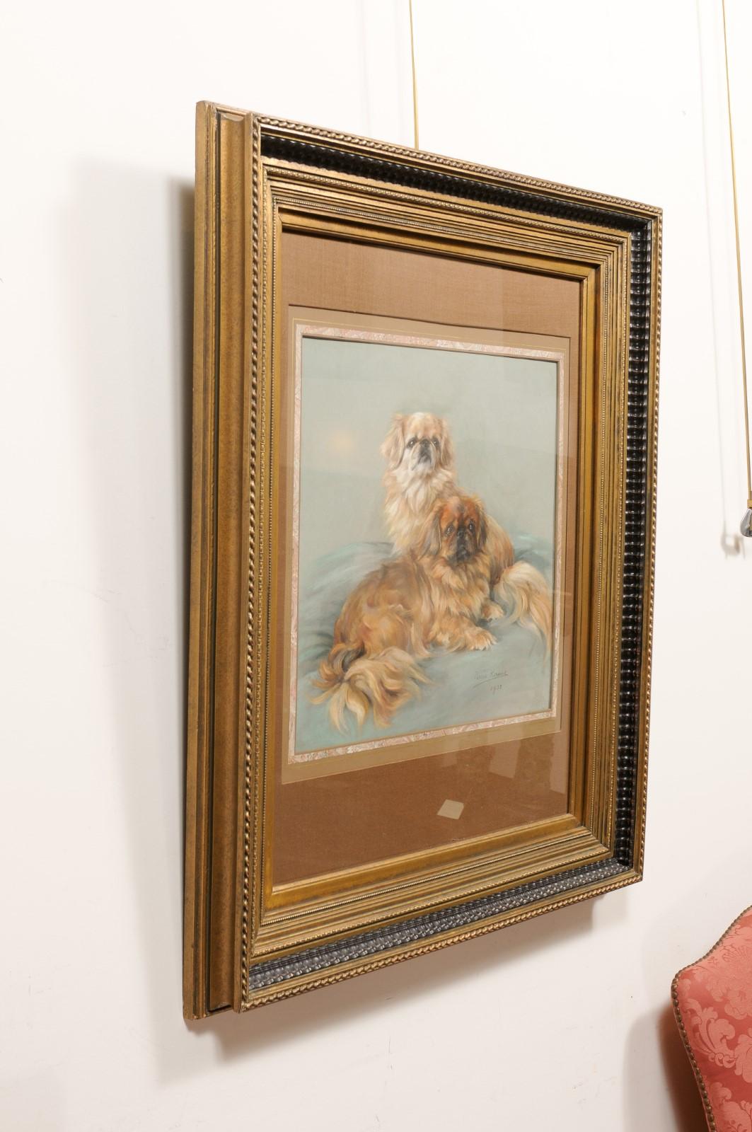  Large Framed English Pastel of 2 Pekingese Dogs, signed “Persis Kirmse”, 1938 For Sale 5