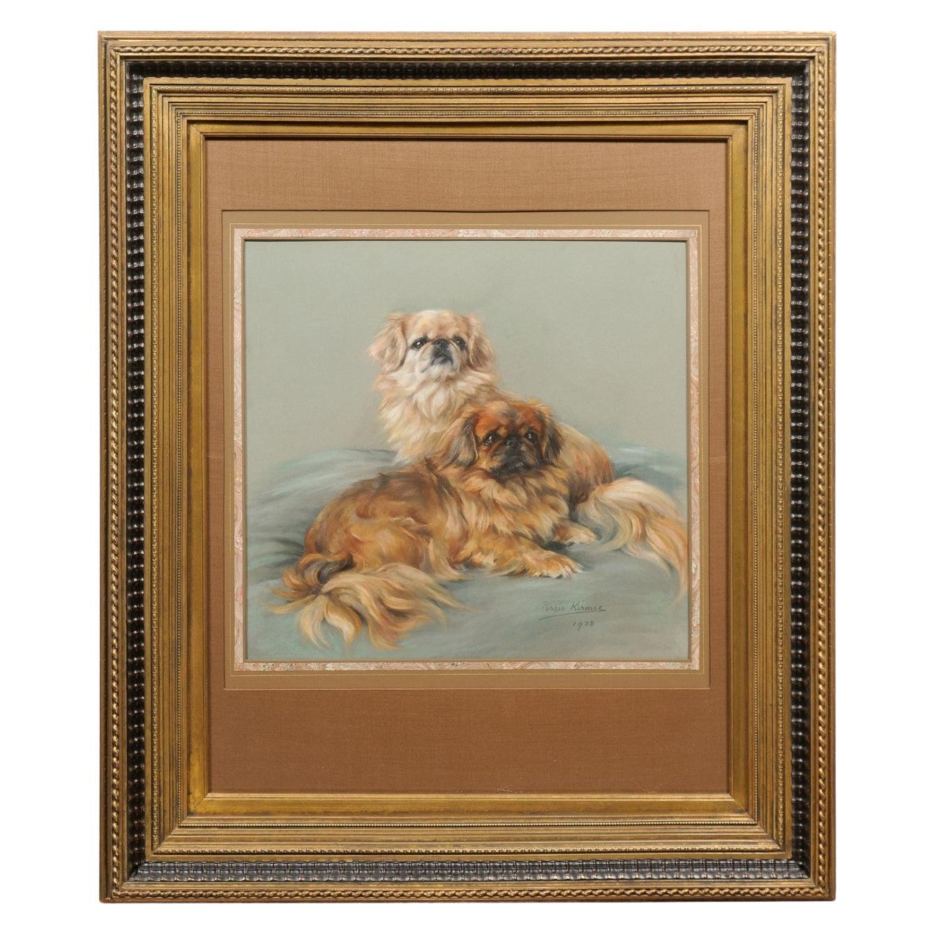  Large Framed English Pastel of 2 Pekingese Dogs, signed “Persis Kirmse”, 1938 For Sale