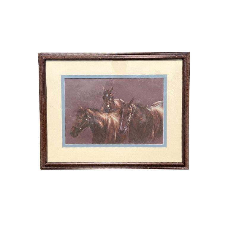Large Framed Equine Horse Portrait Drawing of Horses in Brown Pencil Pastel For Sale 1