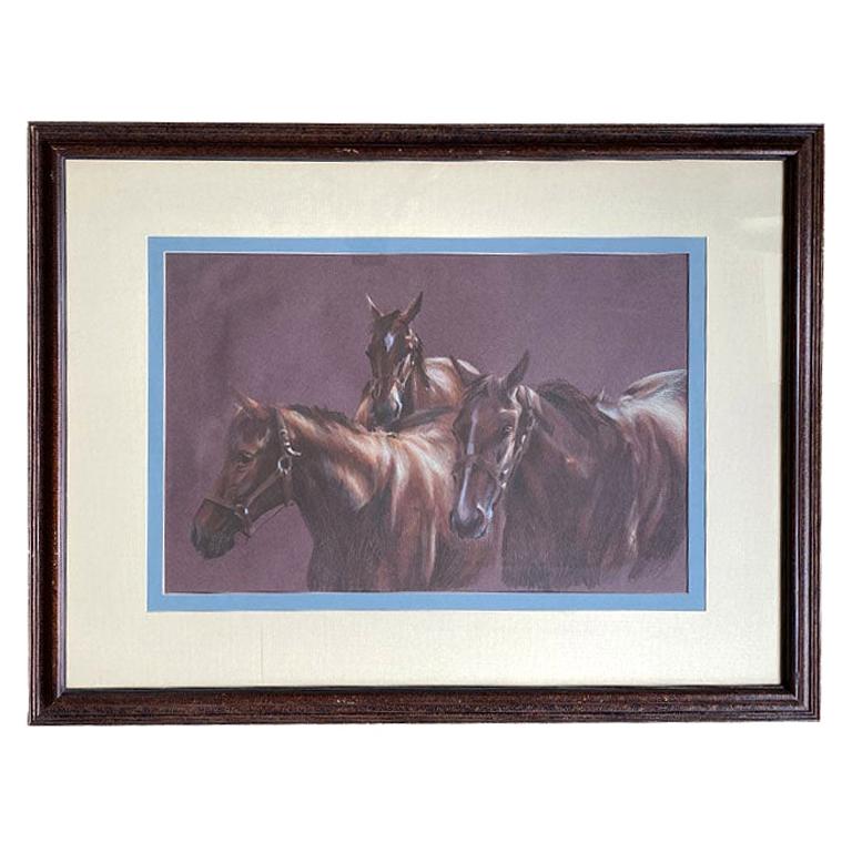Large Framed Equine Horse Portrait Drawing of Horses in Brown Pencil Pastel For Sale