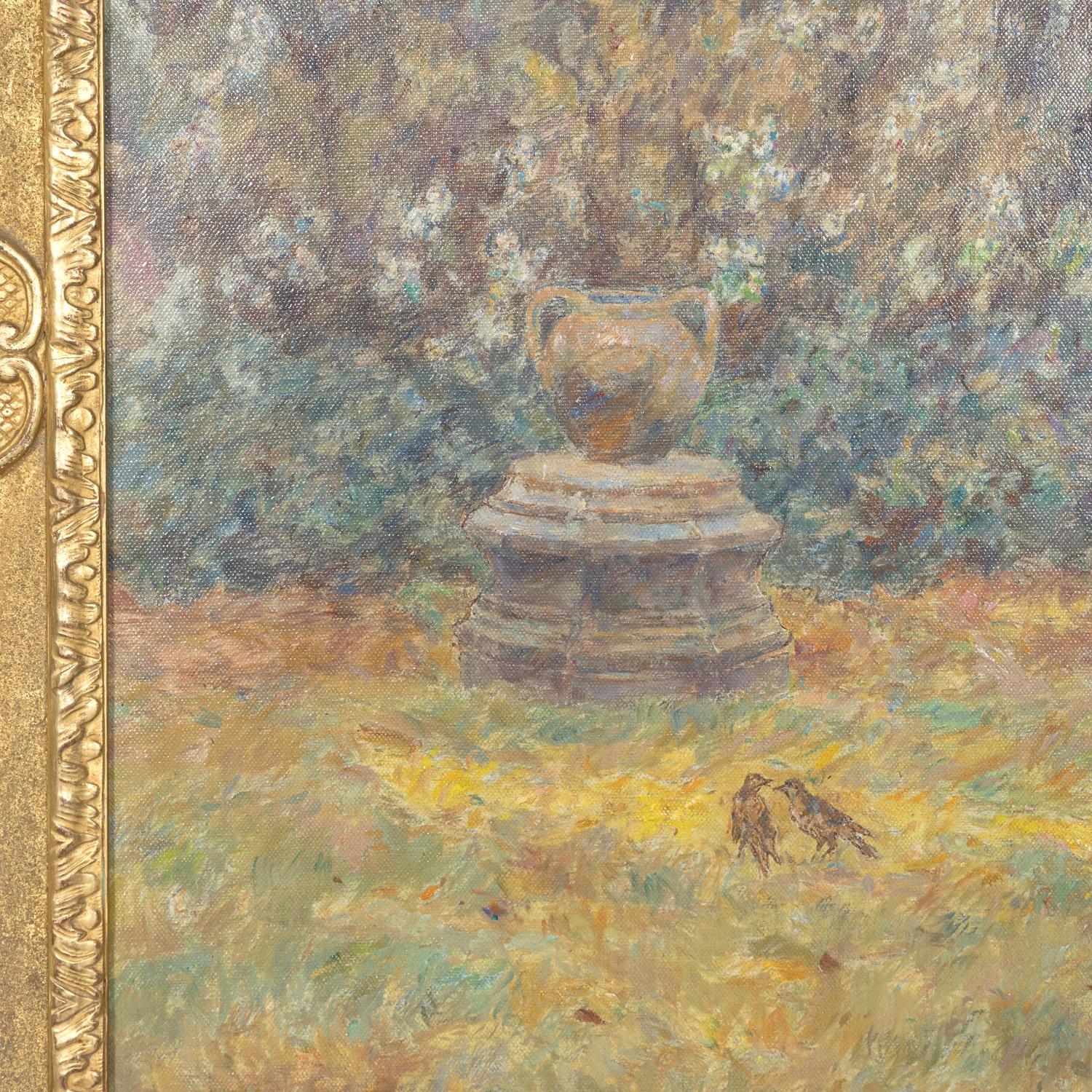 Grand paysage de jardin impressionniste français encadré à l'huile par Henri Duhem, signé 7