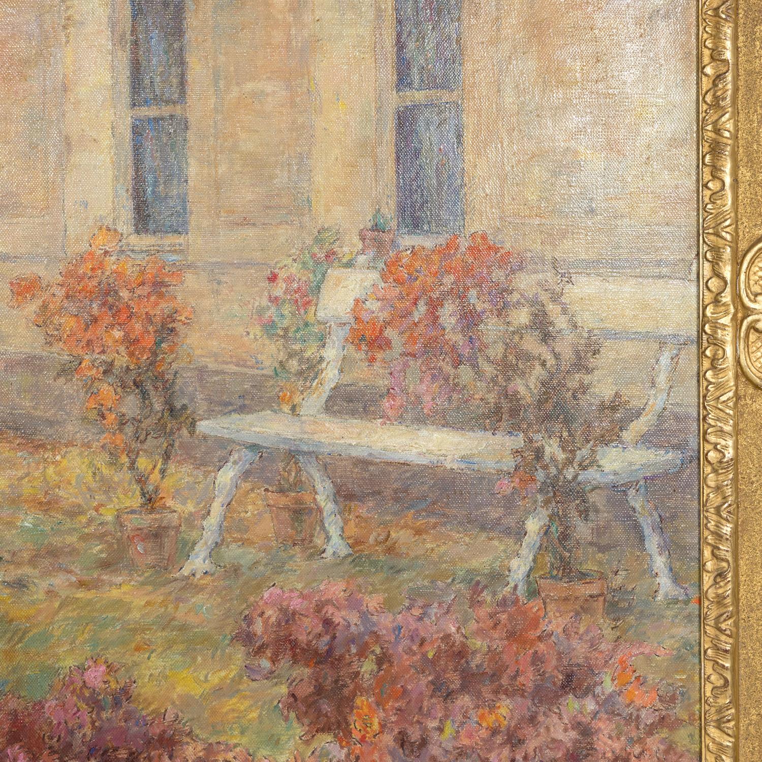 Grand paysage de jardin impressionniste français encadré à l'huile par Henri Duhem, signé 8