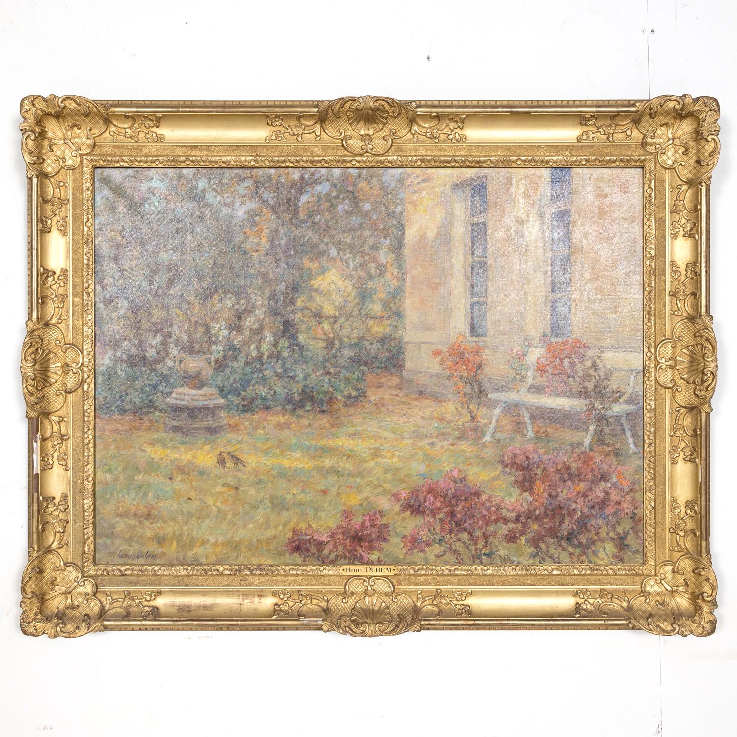 Grand paysage de jardin impressionniste français encadré à l'huile par Henri Duhem, signé 9