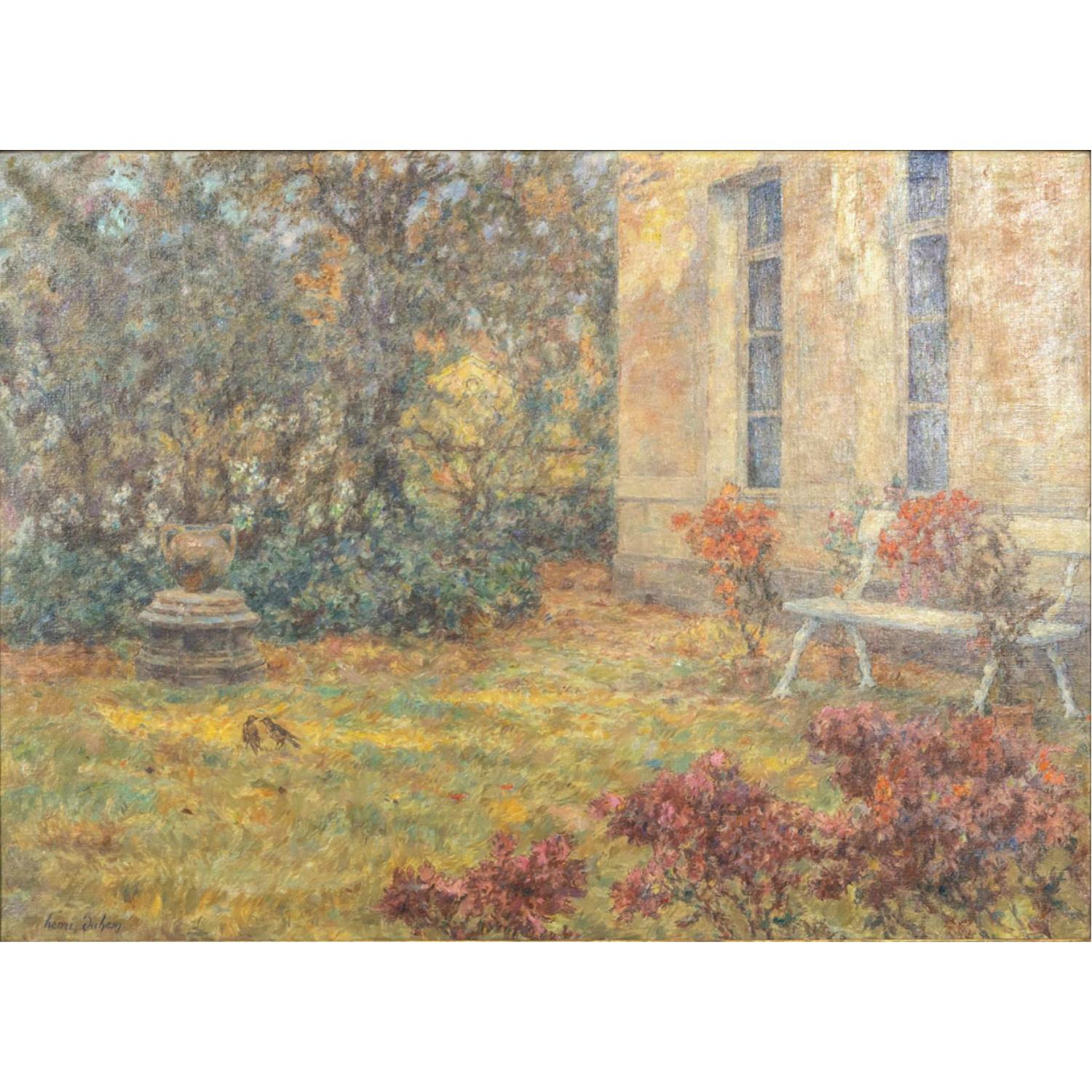 A wonderful large signed and dated framed antique French impressionist oil on canvas by French artist Henri Duhem, circa early 1900s. This serene garden landscape depicts a view of the artist's home and garden in late summer with a garden bench,