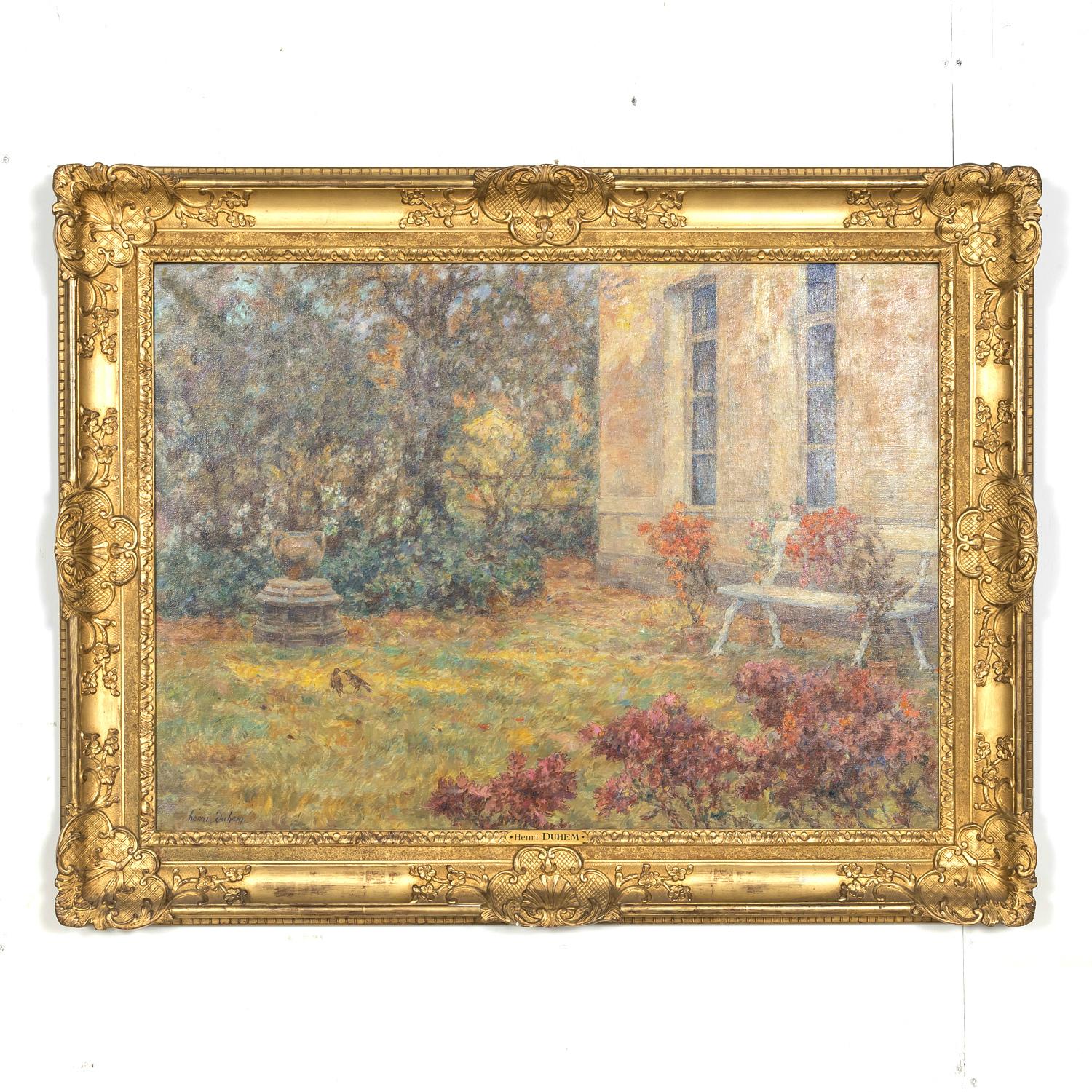 Français Grand paysage de jardin impressionniste français encadré à l'huile par Henri Duhem, signé