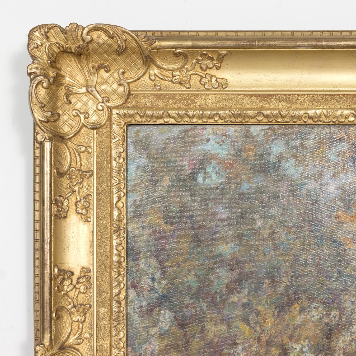 Peint à la main Grand paysage de jardin impressionniste français encadré à l'huile par Henri Duhem, signé