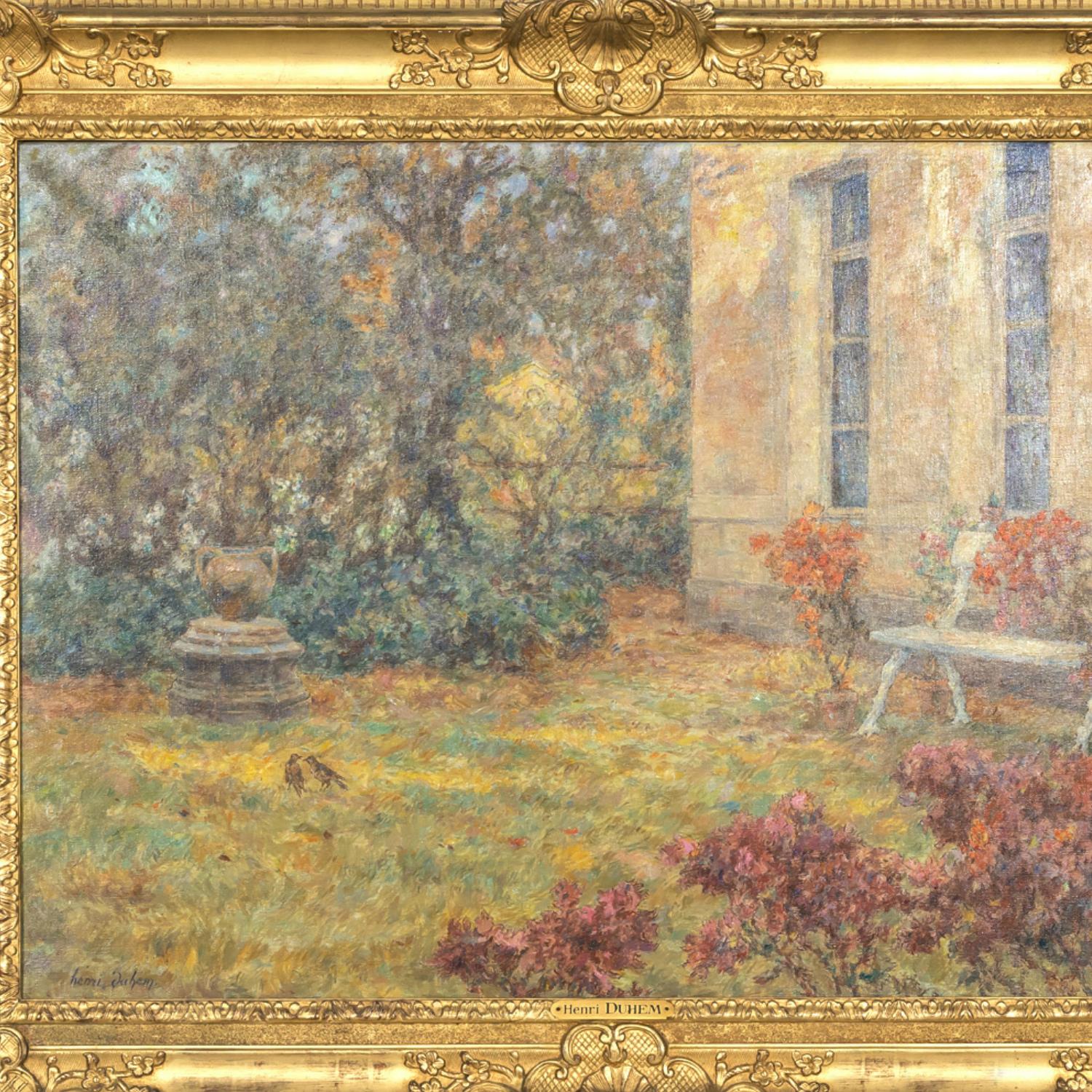 Canvas Large Framed French Impressionist Oil Garden Landscape by Henri Duhem, Signed