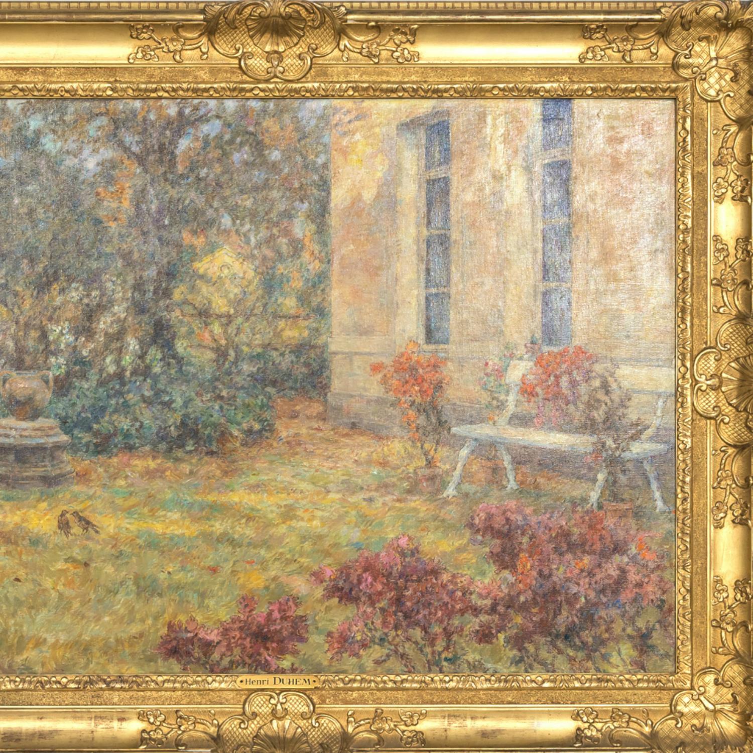 Grand paysage de jardin impressionniste français encadré à l'huile par Henri Duhem, signé 1
