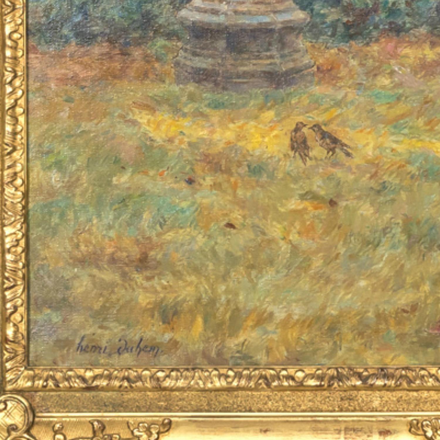 Grand paysage de jardin impressionniste français encadré à l'huile par Henri Duhem, signé 2