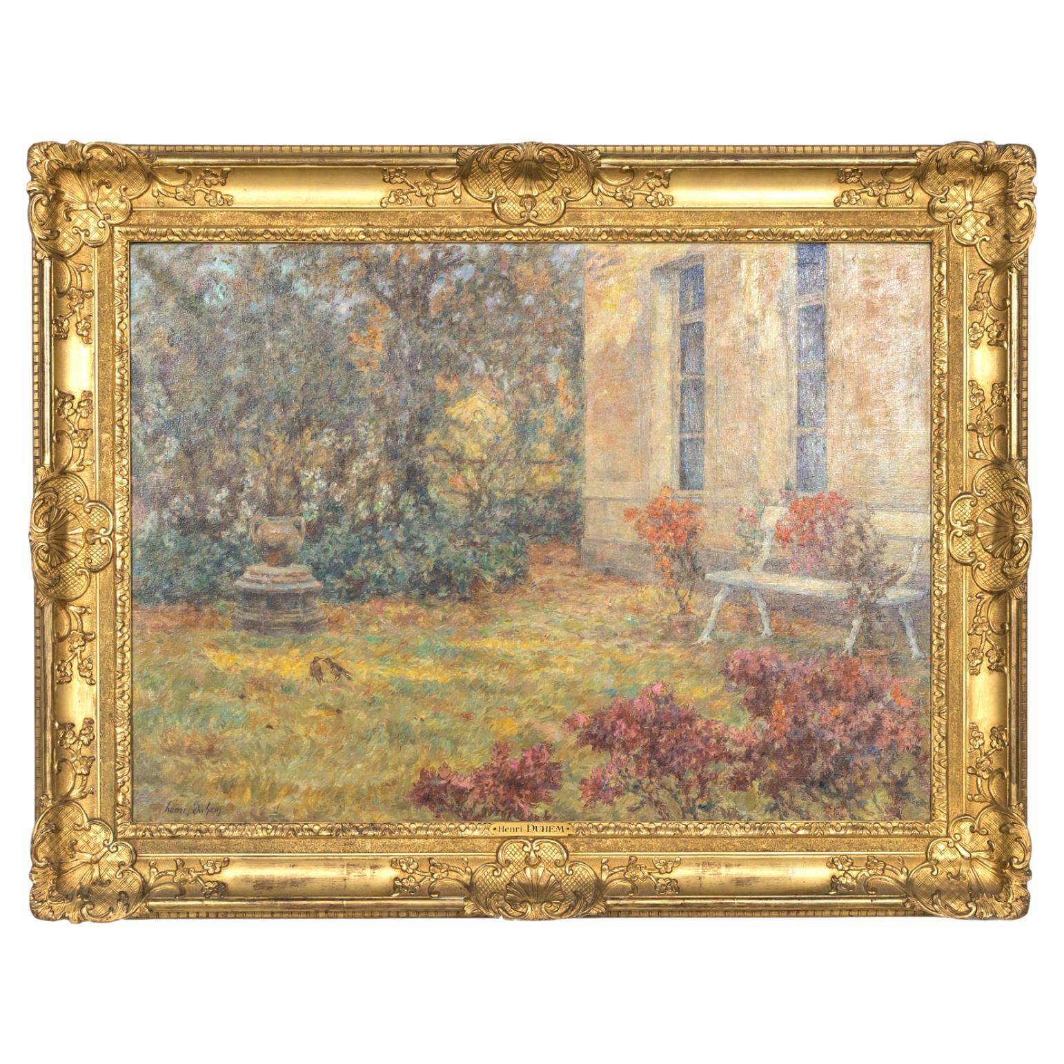Grand paysage de jardin impressionniste français encadré à l'huile par Henri Duhem, signé