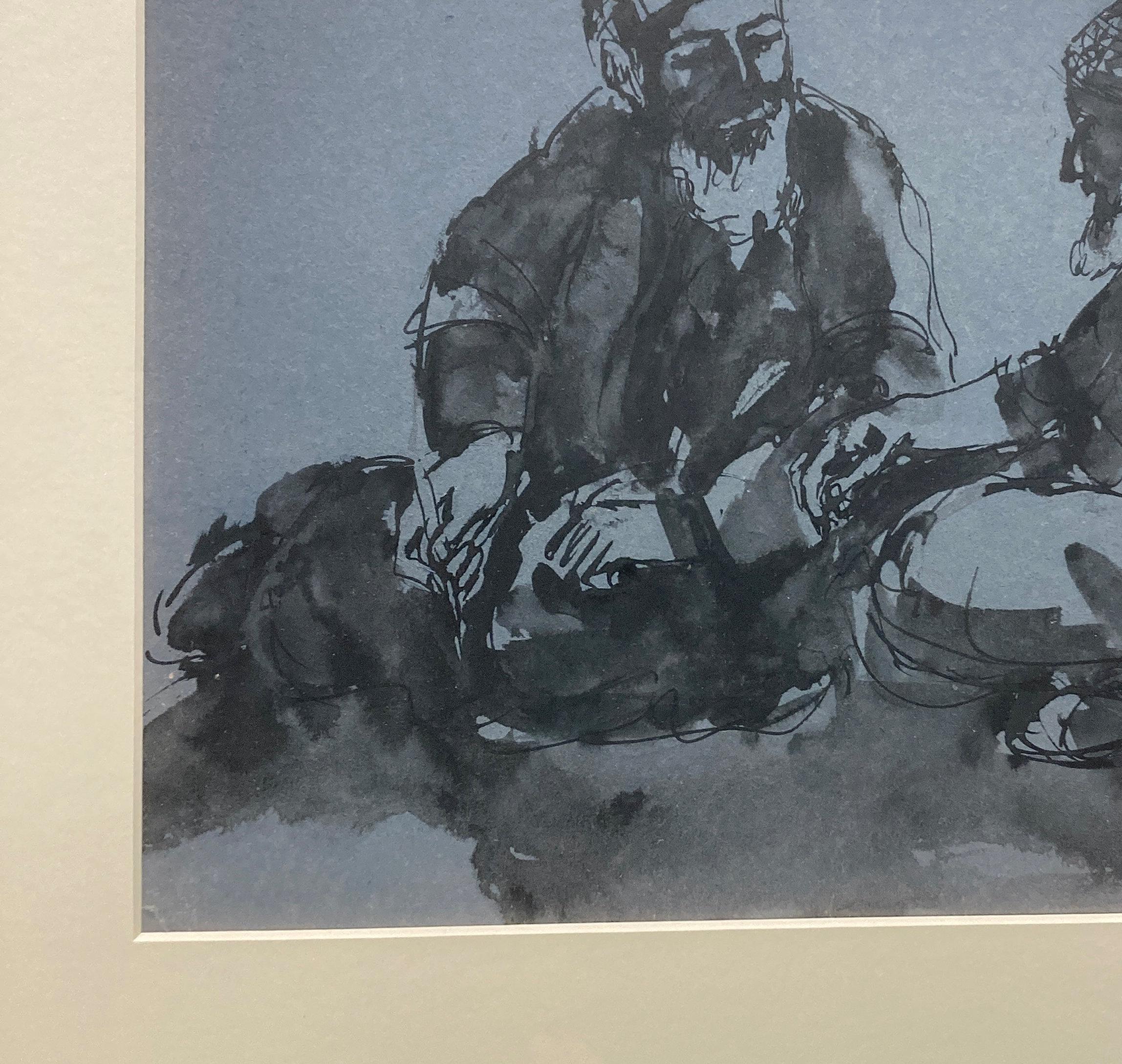 Turc Grand dessin encadré et verni à l'encre et au lavis de deux hommes turcs en vente