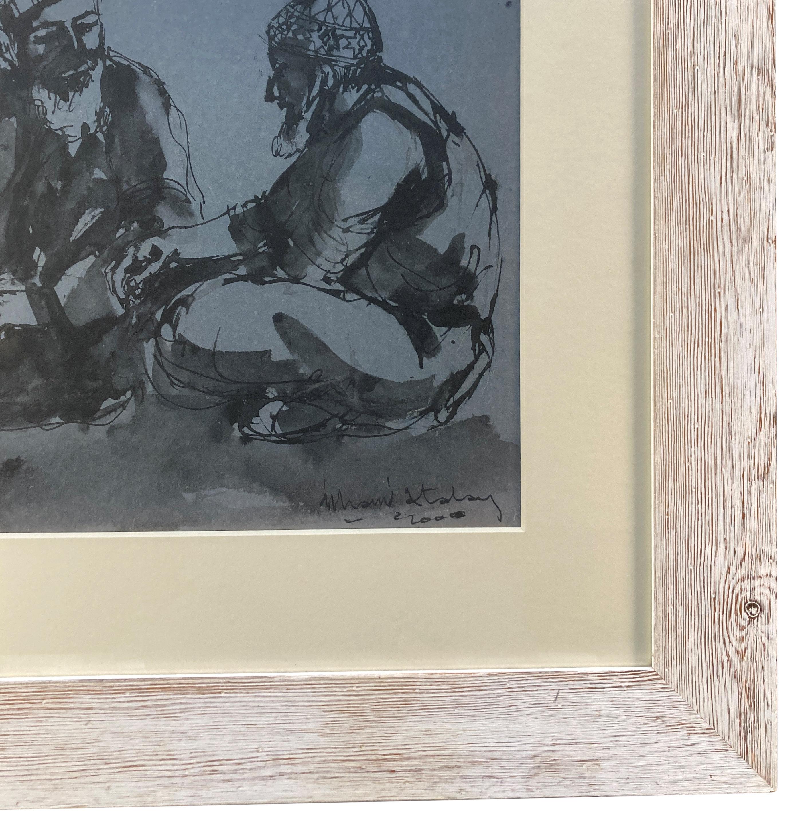 Grand dessin encadré et verni à l'encre et au lavis de deux hommes turcs Bon état - En vente à Kent, Dover